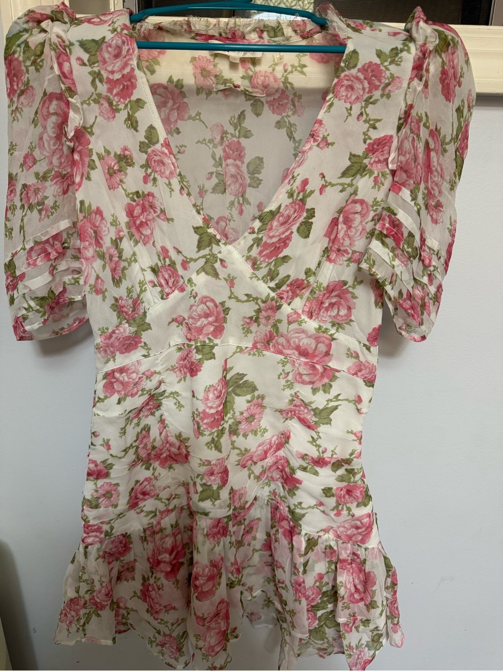 LoveShackFancy Pink Floral Dress with Green Leaves